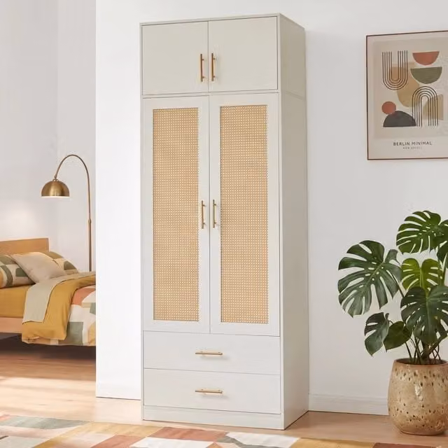 Armadio da Guardaroba Larundi con 4 Ante e 2 Cassetti 216 x 80 x 52 cm - Bianco/Effetto Rattan [en.casa]