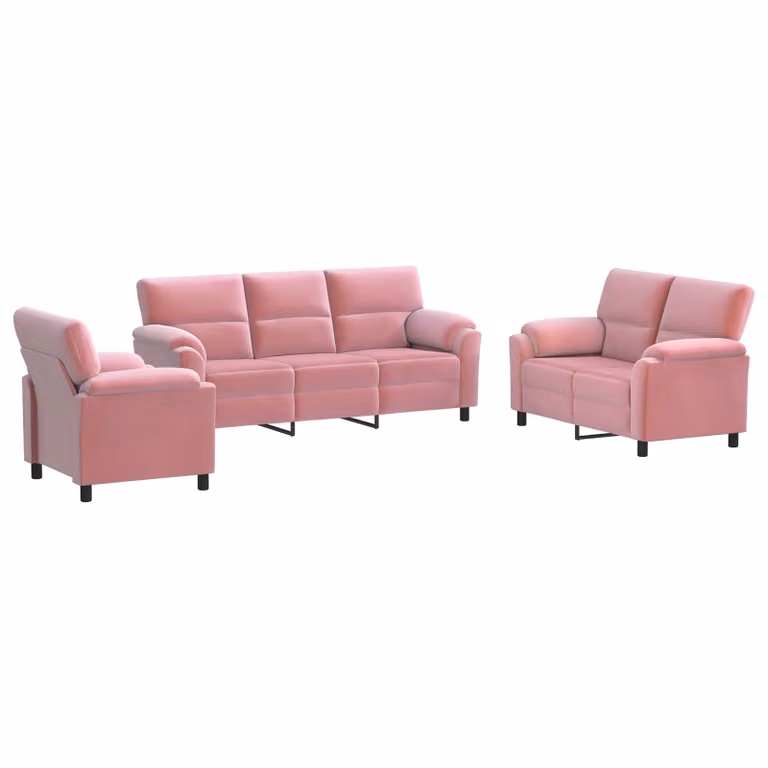 Set di 3 divani moderni vidaXL in velluto rosa con struttura in metallo e cuscini inclusi