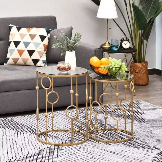 Set di 2 tavolini da salotto rotondi WISHDOR in metallo e vetro, design moderno, colore oro – 1