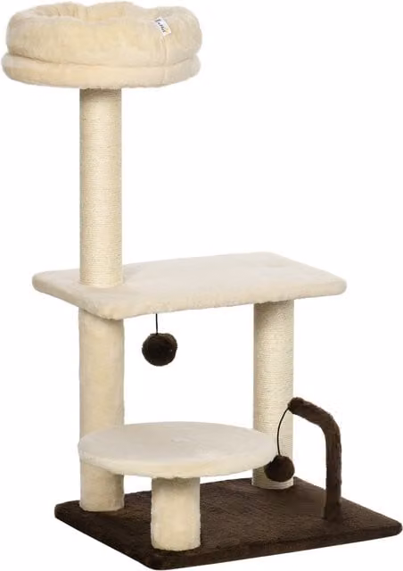 Albero tiragraffi per gatti PawHut con palo in sisal, posatoio e giocattoli integrati, in beige, L 38 x P 38 x H 74 cm – 1