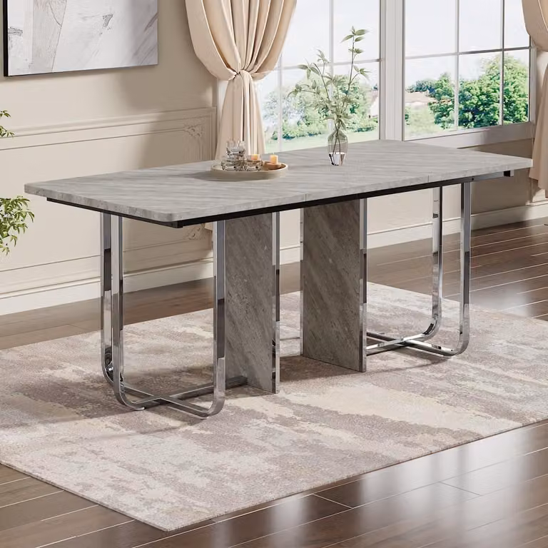 Tavolo da pranzo rettangolare, 180x80 cm, grigio/argento, con gambe in metallo, per 6 persone