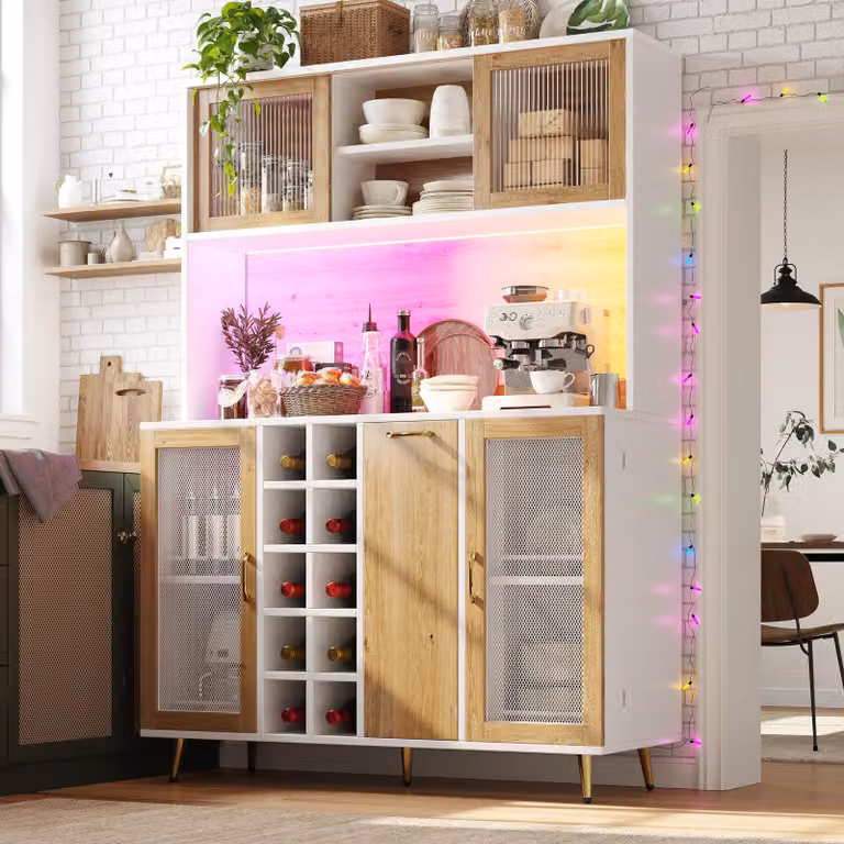 Mobile da cucina Flieks con illuminazione a LED, ripiano per il vino e ripiano per snack, mobile buffet a 5 ante con presa integrata, mobile laterale 120x40x170 cm, bianco