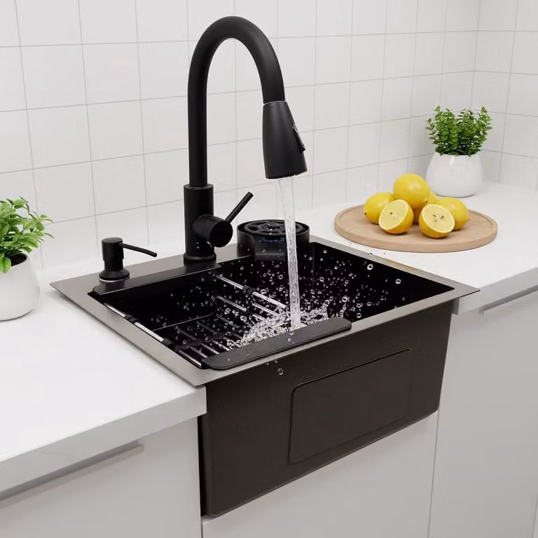 Lavello da cucina nero con miscelatore estraibile - 45x40 cm - Vasca singola - Acciaio inossidabile e ottone
