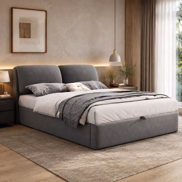 Letto matrimoniale imbottito 140 × 200 cm in velluto grigio con contenitore idraulico tre cassetti e testiera regolabile