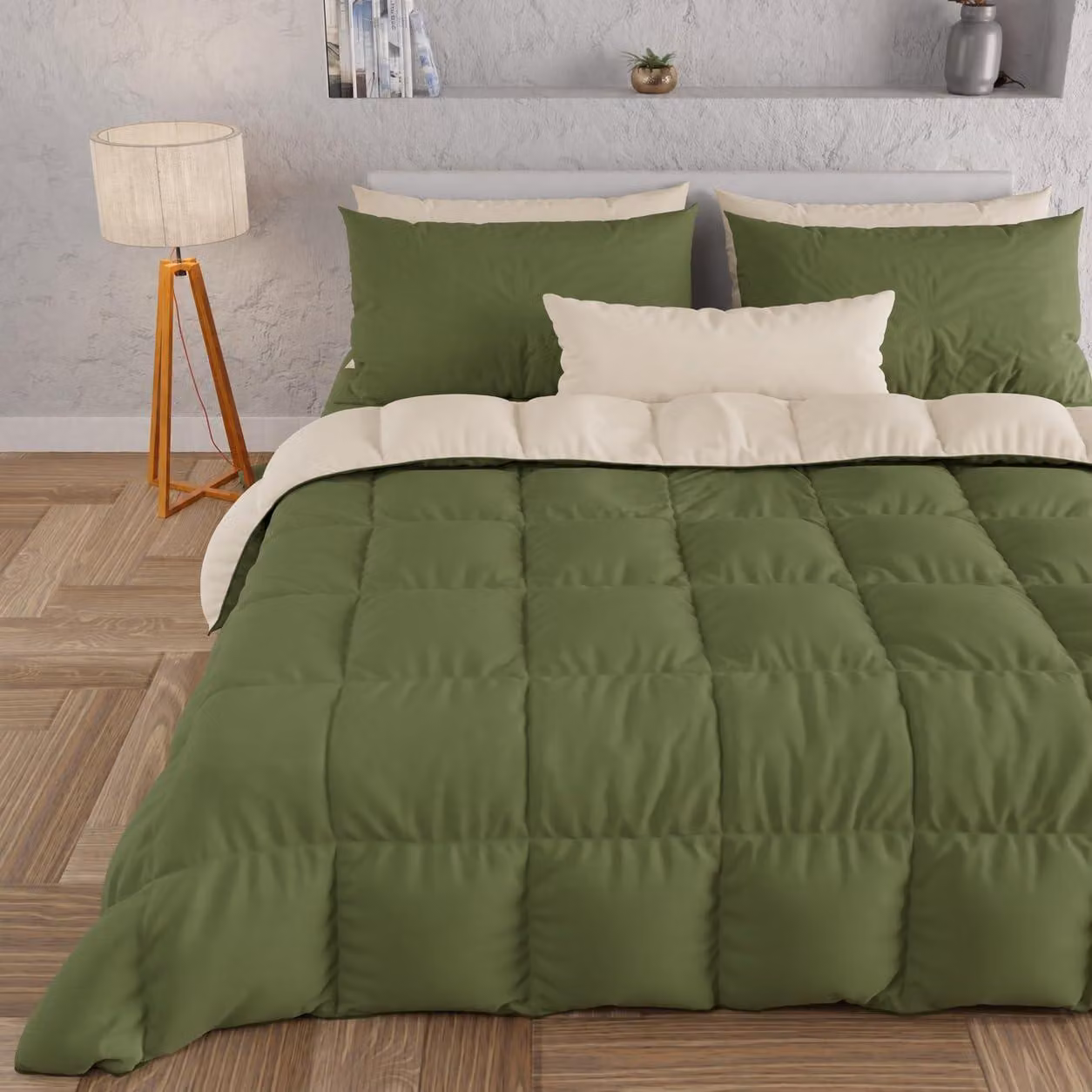Coperta invernale per letto, dimensioni 240x260 cm, per 2 persone, colore verde oliva e crema, in microfibra, 300 g/m²
