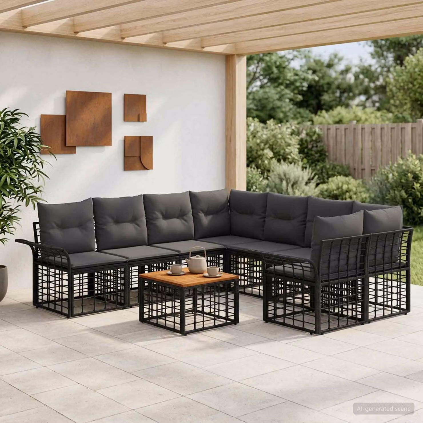 Set di divani da esterno vidaXL in polyrattan nero e grigio con cuscini e tavolino da caffè, composizione a forma di U per giardino e terrazza