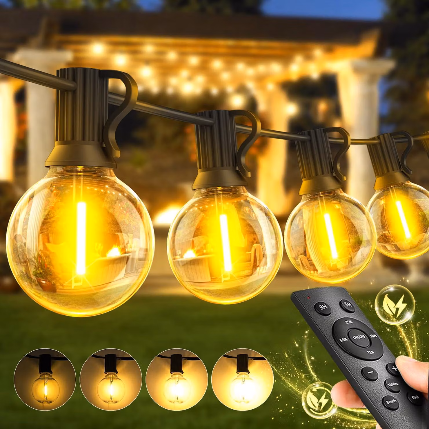 Catena luminosa LED da esterno, 20 metri, luce bianco caldo, resistente alle intemperie, con telecomando