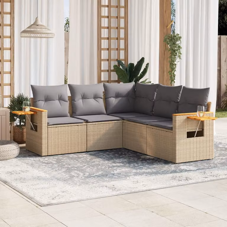 vidaXL Set Divano da Giardino a L 5 pz con Tavolino e Cuscini Beige e Grigio in Polyrattan e Legno di Acacia