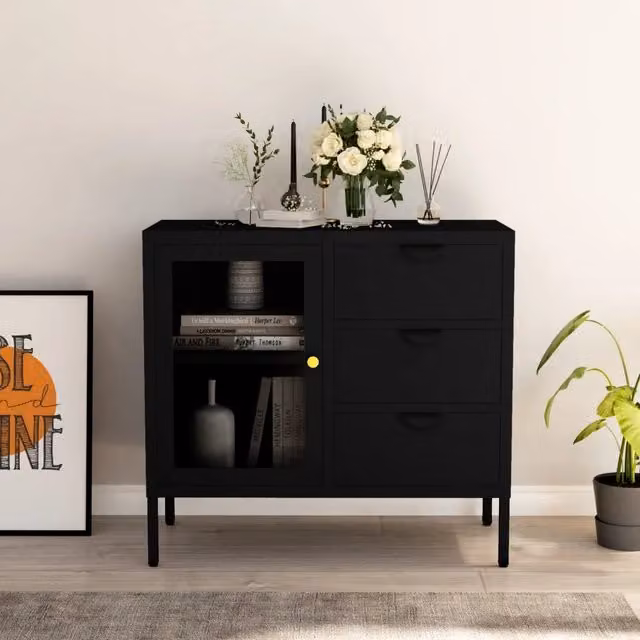 Credenza a parete vidaXL in metallo e vetro nero L 75 cm, P 20 cm, H 35 cm