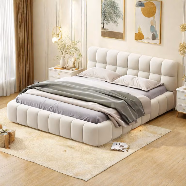 INONEFT Bubble Bett 160x200: Letto imbottito con rete a doghe, letto matrimoniale a basso profilo con testiera, struttura del letto imbottita in lino beige, senza materasso