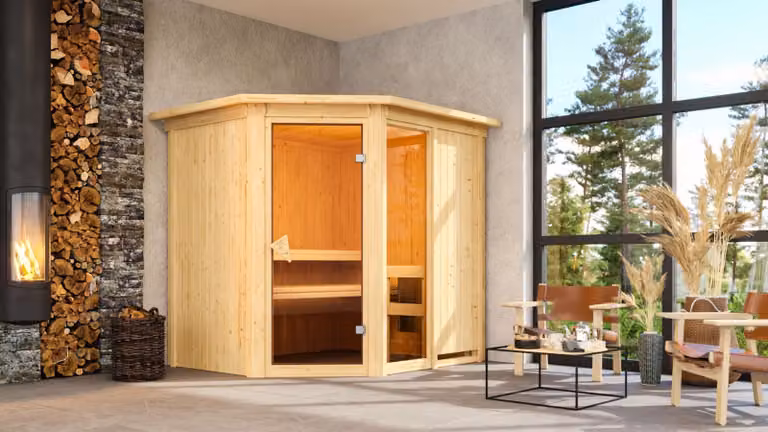 Sauna Karibu Fiona 2 (ingresso ad angolo), porta a tutto vetro, colore bronzo, riscaldatore 9 kWcontrollo esterno semplice