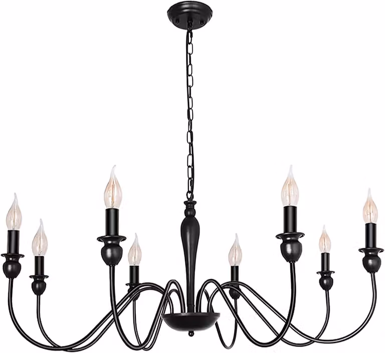 Lampada a sospensione a 8 luci, finitura nera opaca, diametro 95 cm, stile industriale rustico, ideale per la sala da pranzo