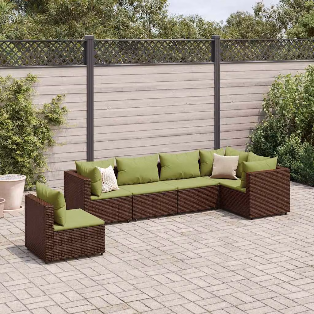 Set di mobili da giardino vidaXL composto da 6 pezzi con cuscini in rattan e struttura in metallo marrone e verde con design moderno a forma di L – 1