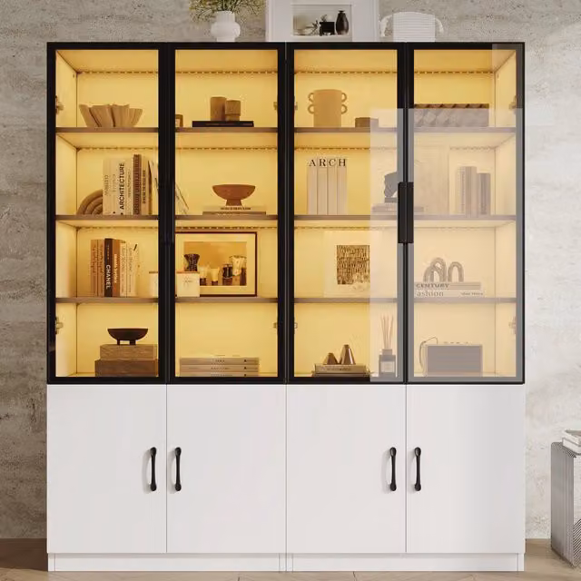 Vetrina con illuminazione LED multicolore, vetro fumé e 2 porte inferiori per soggiorno, bianca, 120 × 40 × 160 cm