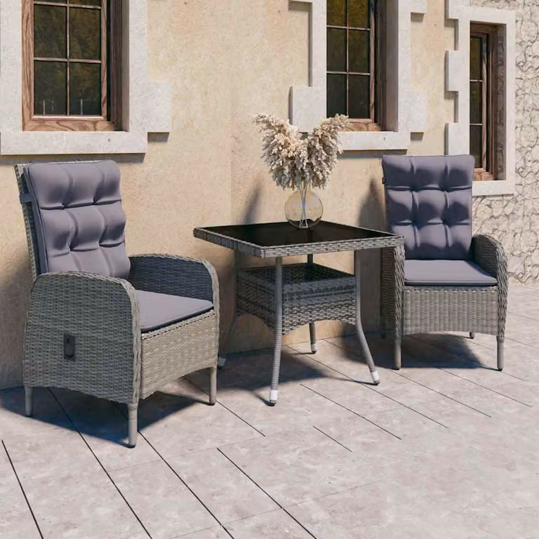 Set da pranzo da giardino vidaXL in 3 pezzi in polyrattan e vetro grigio