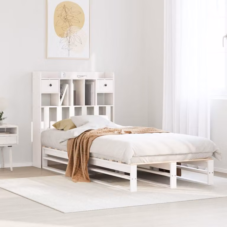 vidaXL Letto con Libreria in Legno di Pino Rustico Bianco L/P/H: 190 x 75 x 110 cm