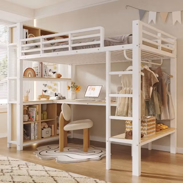 Letto a soppalco 90x200 cm con scrivania; guardaroba e ripiani in MDF e metallo