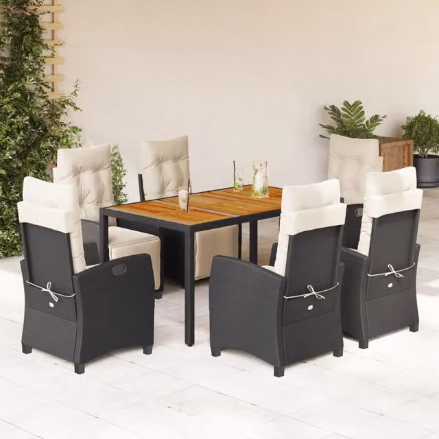 Set da Pranzo da Giardino 7 pz Nero con Cuscini in Polyrattan 3212903