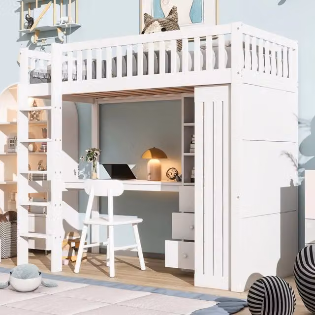 Letto a soppalco 90x200 cm con scrivania; armadio e 3 cassetti in legno di pino e MDF bianco