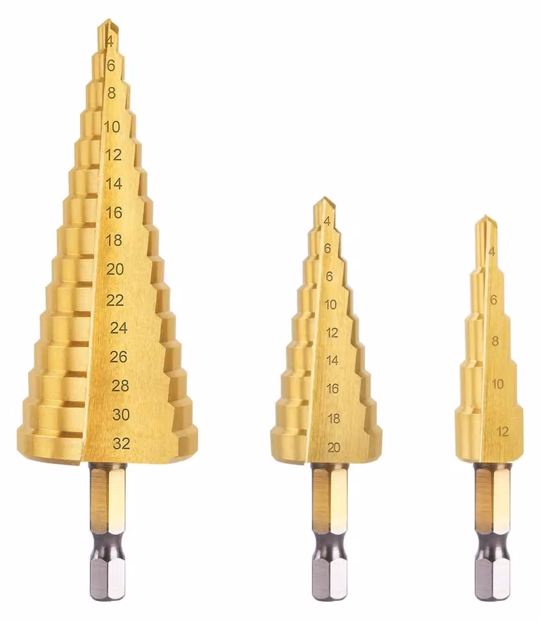 Punta a gradino - Da 4 a 32 mm - HSS rivestita in titanio - Set da 3 - Foro passante per metallo, legno e plastica