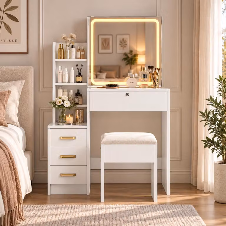 Comò da trucco INONEFT con specchio illuminato a LED, pensile con sgabello, 4 ripiani aperti, 4 cassetti, 3 vani chiusi, colore bianco