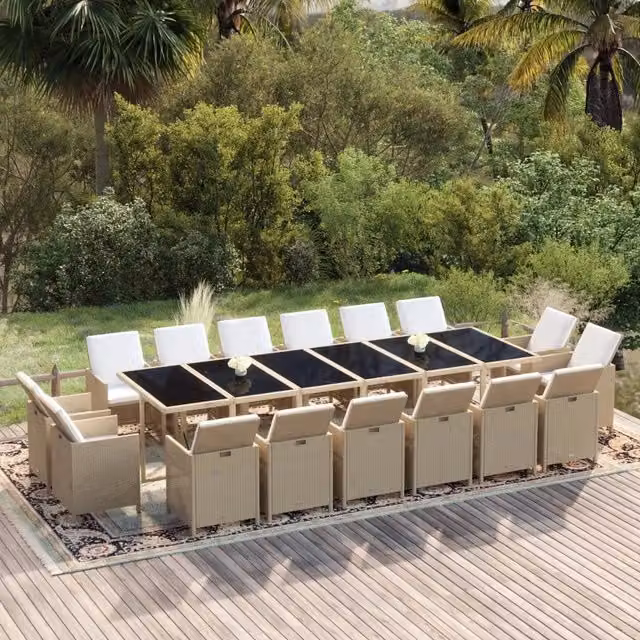 Set da Pranzo da Giardino 17 Pezzi vidaXL in Polyrattan Beige con Cuscini e Tavolo in Vetro – 1