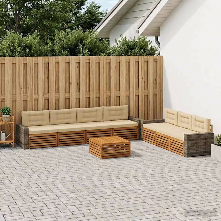 Set di divani da esterno vidaXL 8 pz in legno di acacia con cuscini beige e marrone e tavolino da caffè