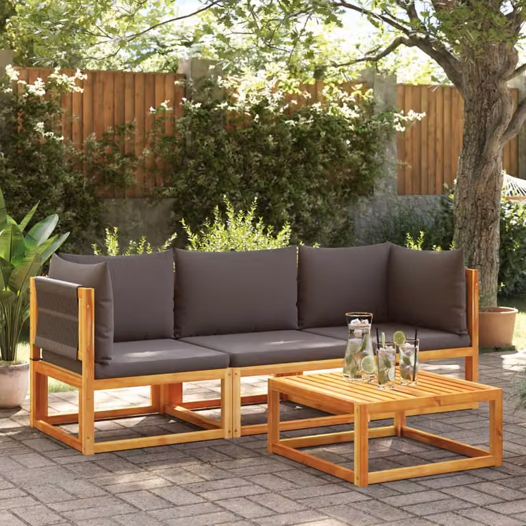 Set di divani da giardino vidaXL a forma di L composto da 3 pezzi in legno di acacia oliato con cuscini in schiuma grigi e marroni