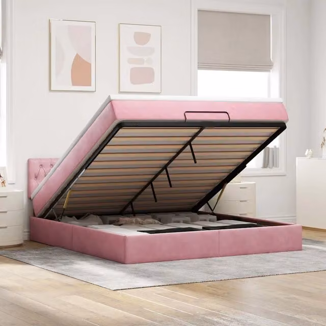 Letto con contenitore a sollevamento vidaXL in velluto rosa e bianco L 160 x P 200 cm – 1