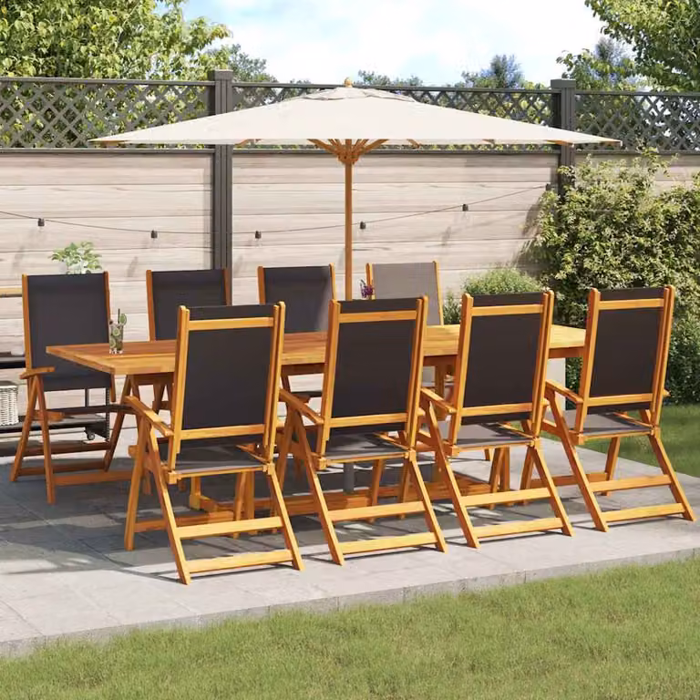 Set di 8 sedie pieghevoli da giardino vidaXL in legno di acacia oliato e textilene nero e marrone con braccioli