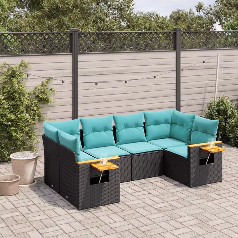 vidaXL Set Divano da Giardino a L in Polyrattan Nero con 6 Cuscini e Tavolino da Esterno