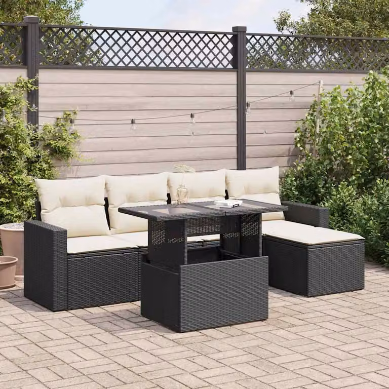 Set Divano da Giardino vidaXL 6 pz a Forma a L con Cuscini e Tavolino, Polyrattan e Metallo, Nero e Bianco