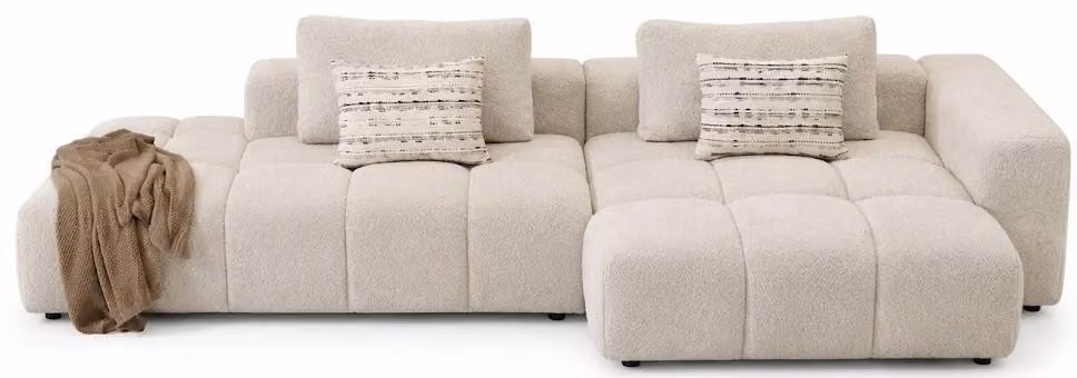 Divano ad angolo, forma a L, colore bianco, design minimalista, stile moderno, confortevole