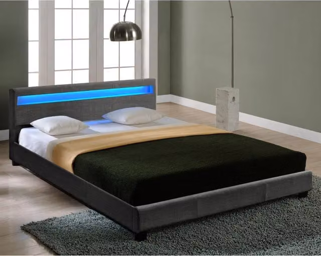 Letto Matrimoniale Corium con Testiera Alta Imbottita, Illuminazione a LED e Cassetti, Grigio, L/P/H: 180 x 200 x 189 cm – 1