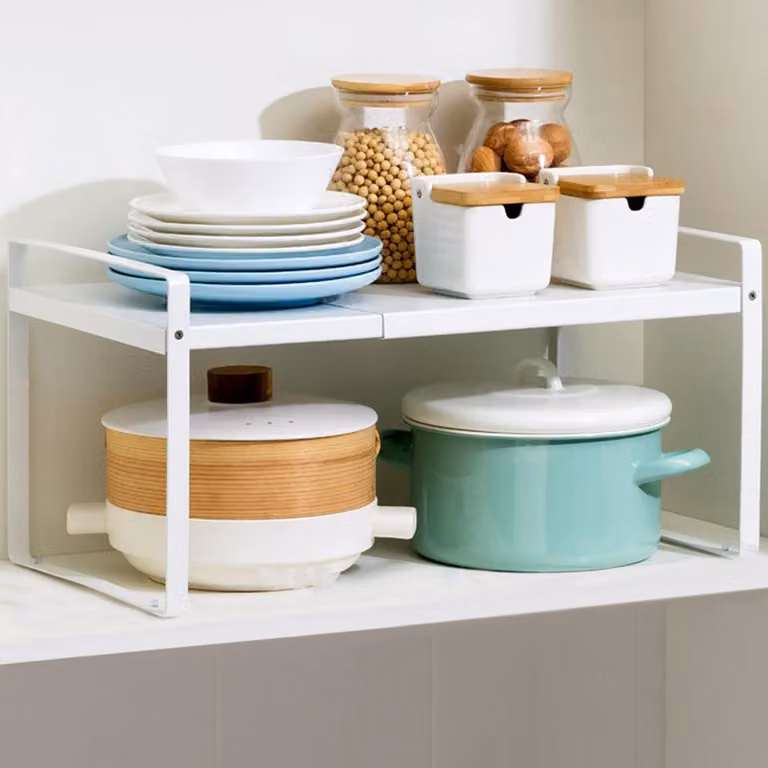 Ripiano estraibile per cucina, organizer per scaffali, bianco, 2 pezzi, da 36 a 64 cm, Acciaio al carbonio