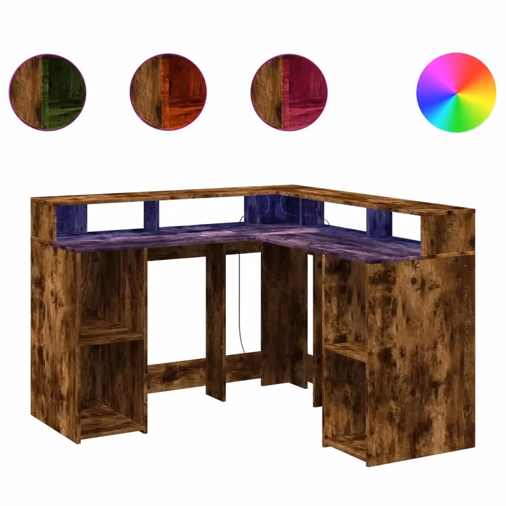Scrivania angolare con luci LED vidaXL in rovere fumo, L/P/H: 130 x 130 x 91 cm – 2