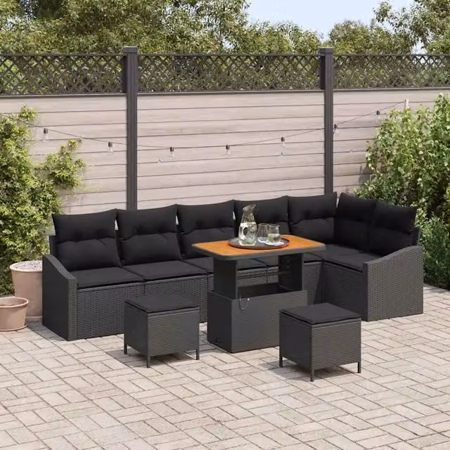 Set Divano da Giardino 9 pz 7-Numero di posti Nero Poly Rattan 3364624