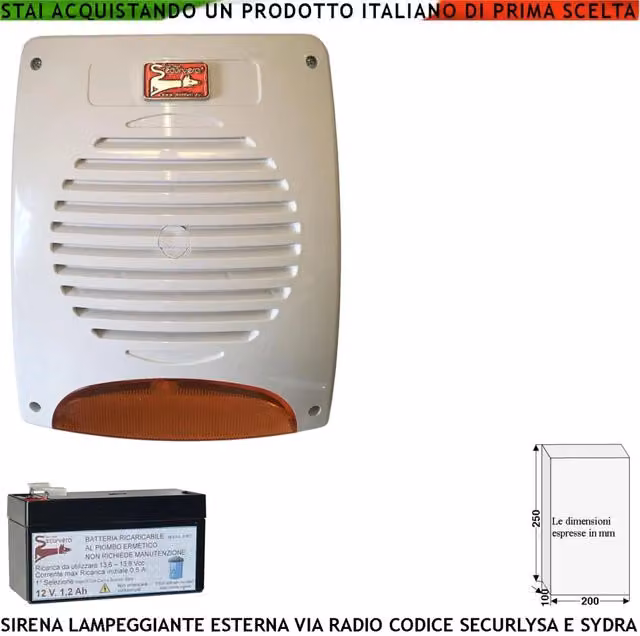 Sirena Lampeggiante Led Esterna Wireless Frequenza 433,92 MHz Bidirezione Anti Jamming Batteria 12V 1,2 Ah Codici Antifurto SecurLisa Tromba 120 dB Segnala Stato Allarme x Manomissione 3,5 Minuti IP34