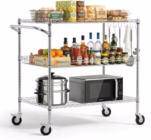 VEVOR Carrello da Servizio in Metallo Argentato con 3 Ripiani Regolabili e Ruote, L: 101,6 cm, P: 63,5 cm, H: 104,0 cm