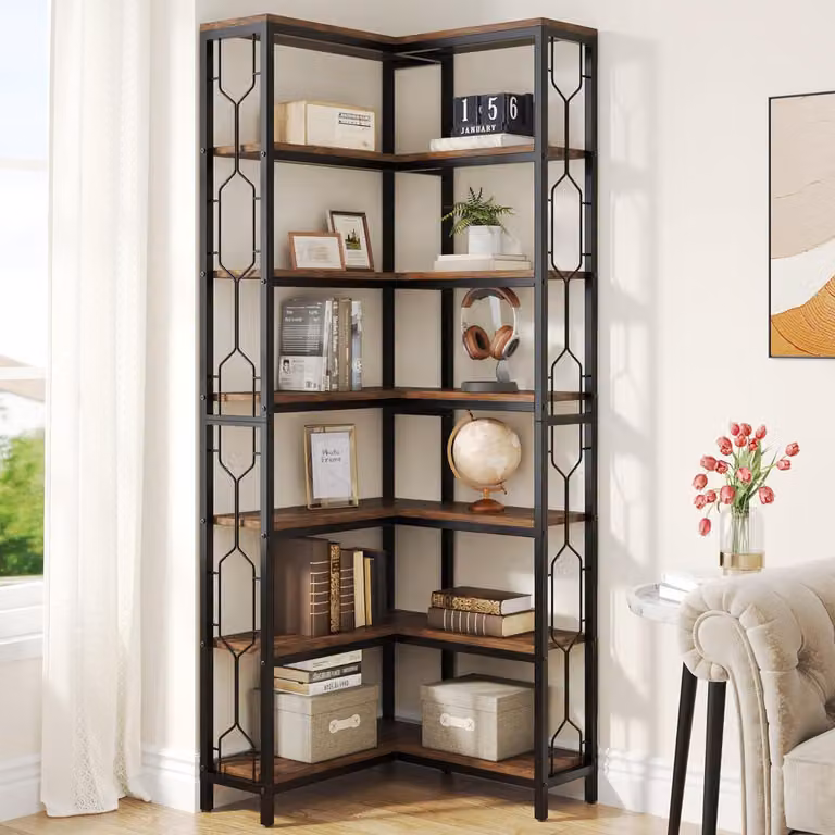 Libreria angolare industriale con 7 ripiani, scaffale espositivo in metallo e legno per uso domestico