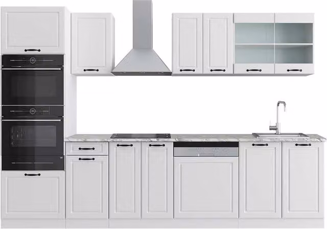 Cucina componibile Vicco R-Line Bianco rustico con armadio alto e piano in marmo, L: 300 cm
