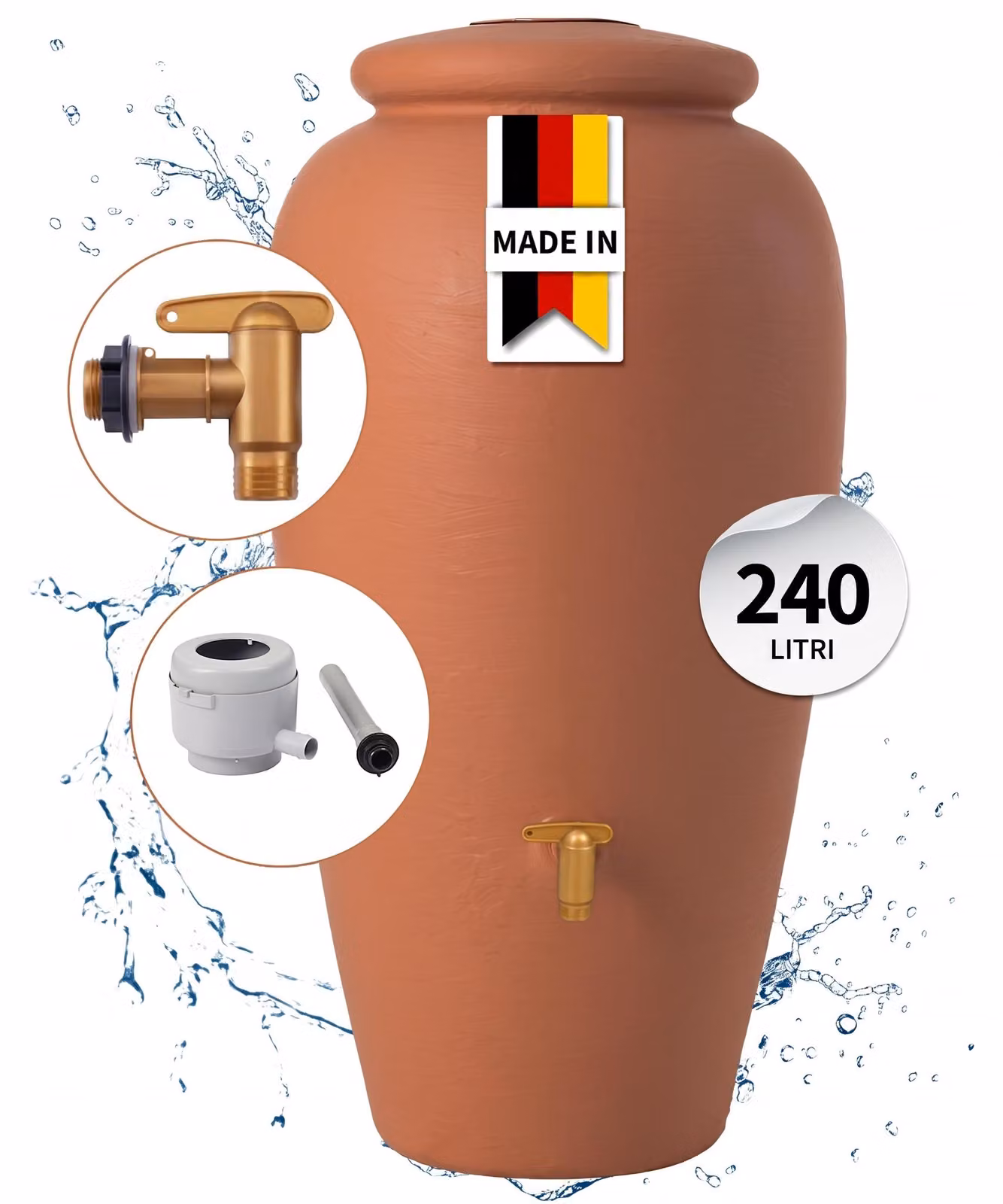 GARANTIA anfora set completo 240 litri terracotta incl. rubinetto in plastica e raccordo pluviale