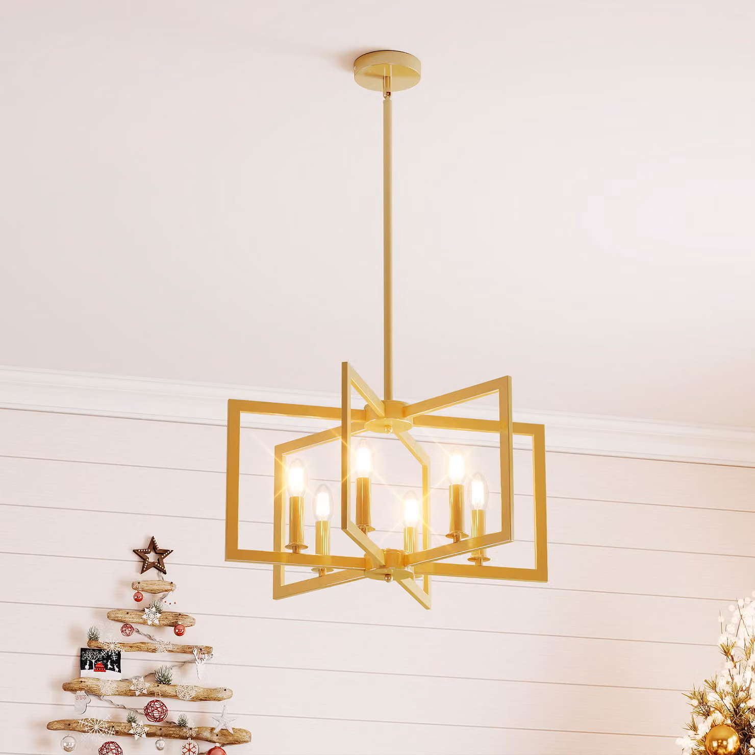 Costway Lampada a sospensione industriale con 6 luci esagonali in metallo, design farmhouse moderno con altezza regolabile, Oro