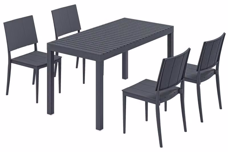 Set da giardino, salottino da 5 pezzi: tavolo largo con 4 sedie impilabili, design a doghe, per 4 persone, grigio scuro
