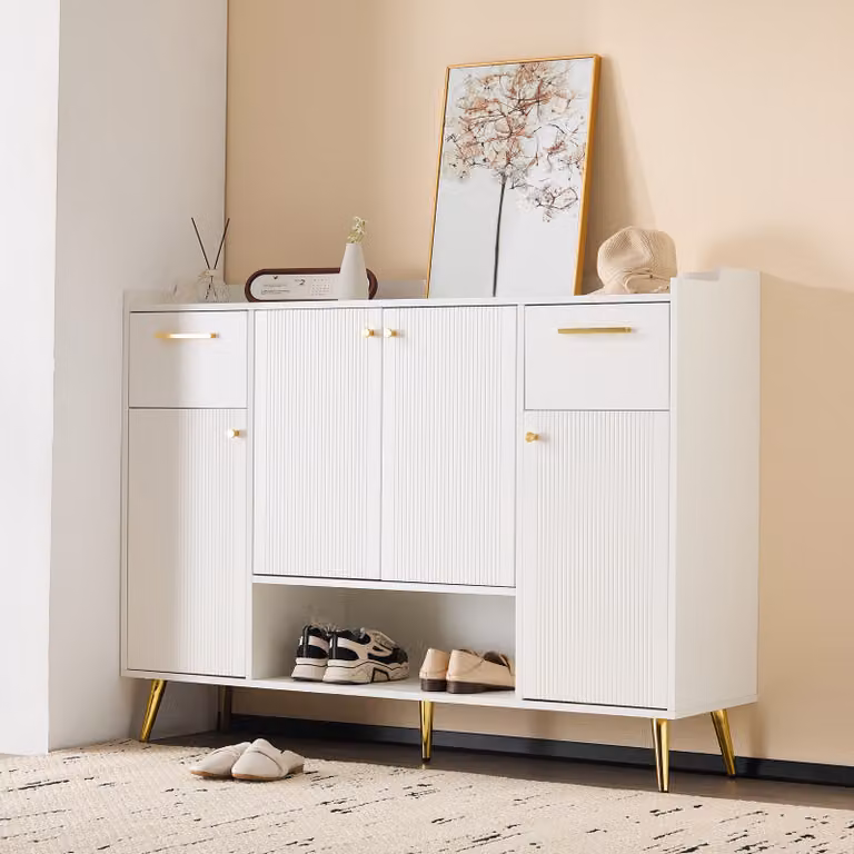 Cassettiera Flieks con maniglia, credenza con 2 ante e 3 cassetti, credenza per soggiorno, cassettiera per ufficio, 130x37x100cm, bianco