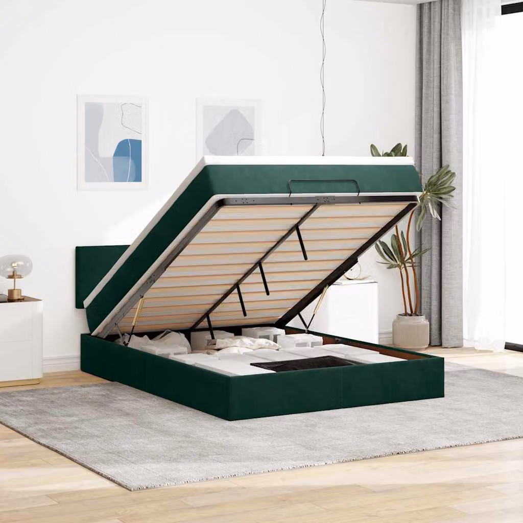 Letto con Pouf e Materasso vidaXL in Velluto con Base a Sollevamento, Illuminazione Sotto il Letto e Porte USB, L/P/H: 144 x 193 x 88 cm, Verde e Bianco – 1