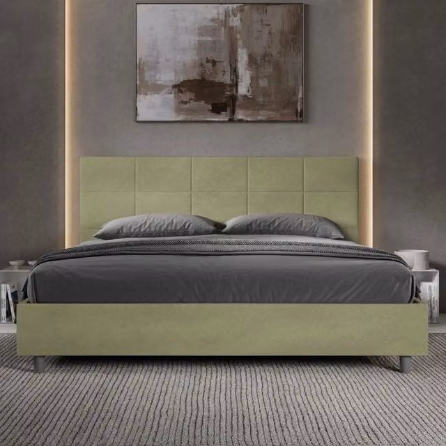 Ityhome Letto matrimoniale king size Mika con contenitore imbottito in microfibra colore tè verde L 190 x P 210 cm