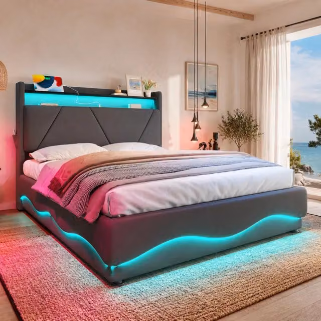 Letto matrimoniale moderno con contenitore in velluto grigio con illuminazione LED, porta USB e mensola integrata, L/P: 160 x 200 cm – 1