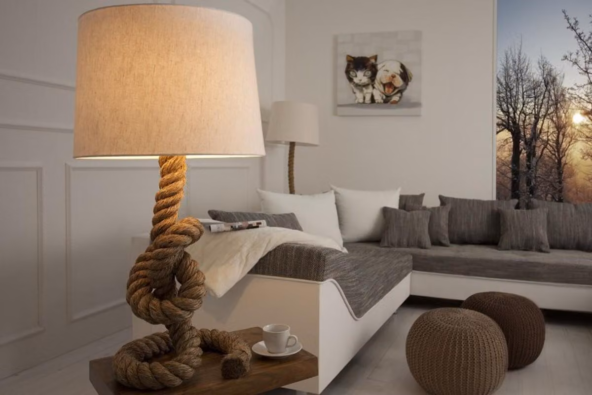 Lampada da tavolo "Casa Padrino" modello "Marine Tauseil" - Lampada rustica a forma di sgabello in corda, colore crema naturale, altezza 85 cm