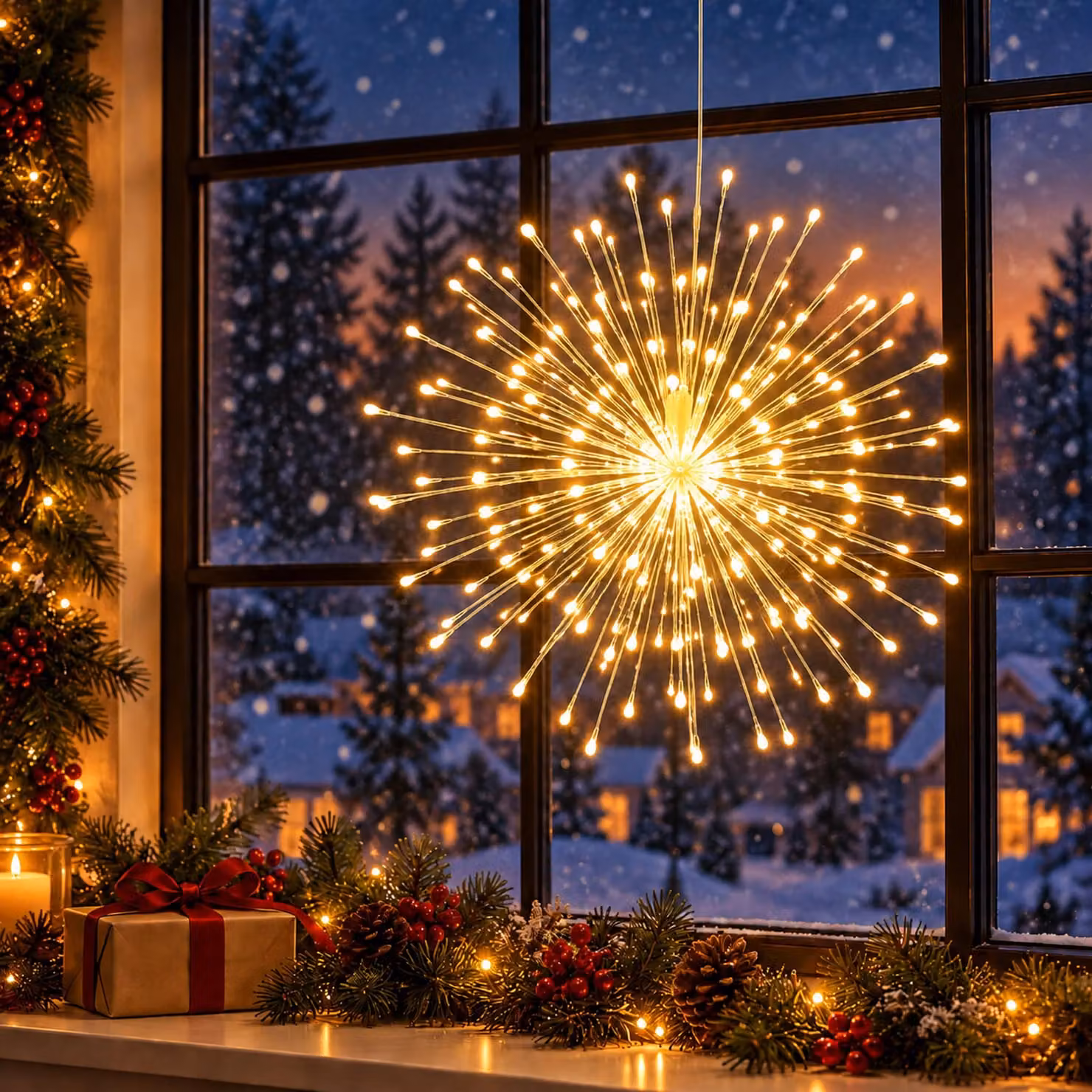 1 set di 200 luci a LED "Sternburst", luce bianca calda, ideale per decorazioni natalizie, catena luminosa, filo di rame, decorazione per finestre, lampada a sospensione, batteria inclusa, 8 modalità, dimmerabile, con telecomando